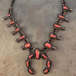 Vintage Navajo 1960's Red Coral Squash Blossom Necklace